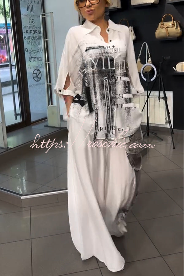 Graffiti Print Blouse & Wide Leg Pants Set | Casual Co-ord