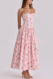 Robe midi en coton extensible à imprimé floral avec bordure en échelle