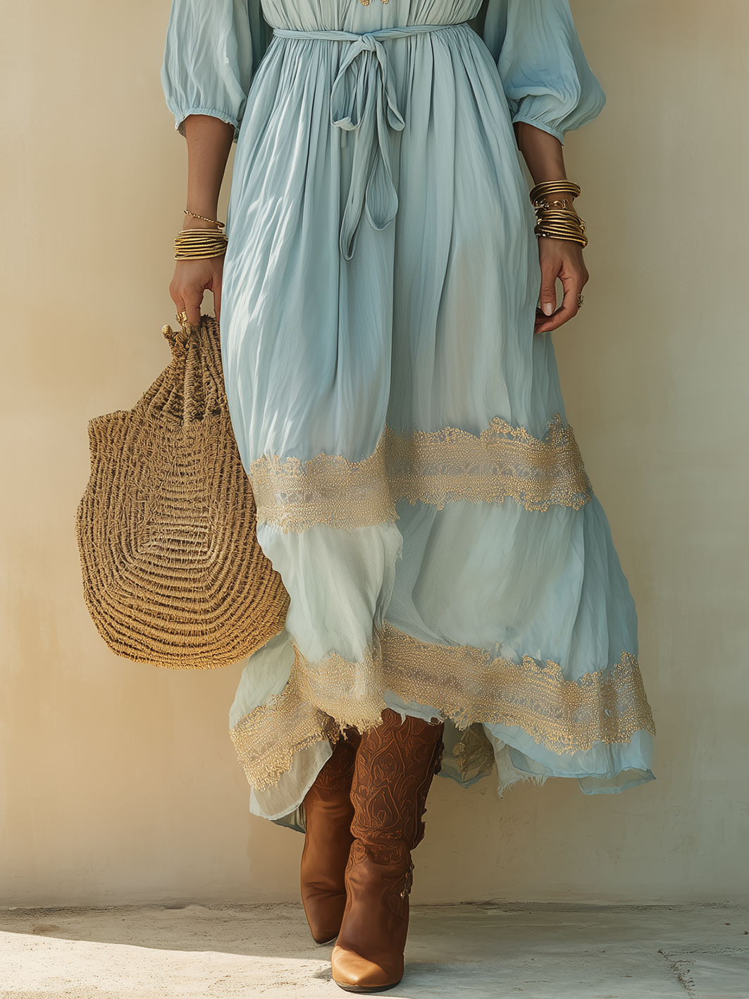 Light Blue Cotton-Linen Tie Strap Maxi Dress
