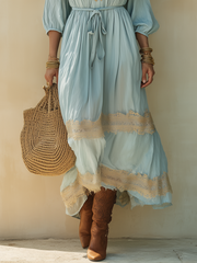 Light Blue Cotton-Linen Tie Strap Maxi Dress