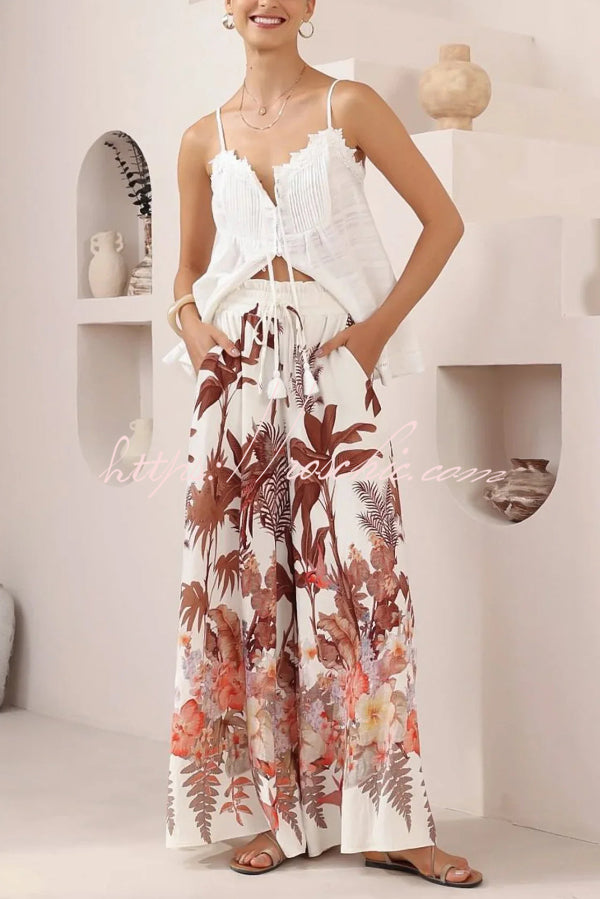 Leaf Print Wide-Leg Pants with Elastic Waist and Pockets
