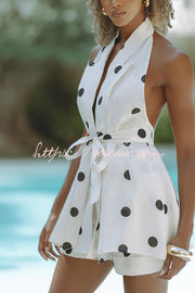 Linen Blend Polka Dot Halter Vest & Shorts Set with Belt