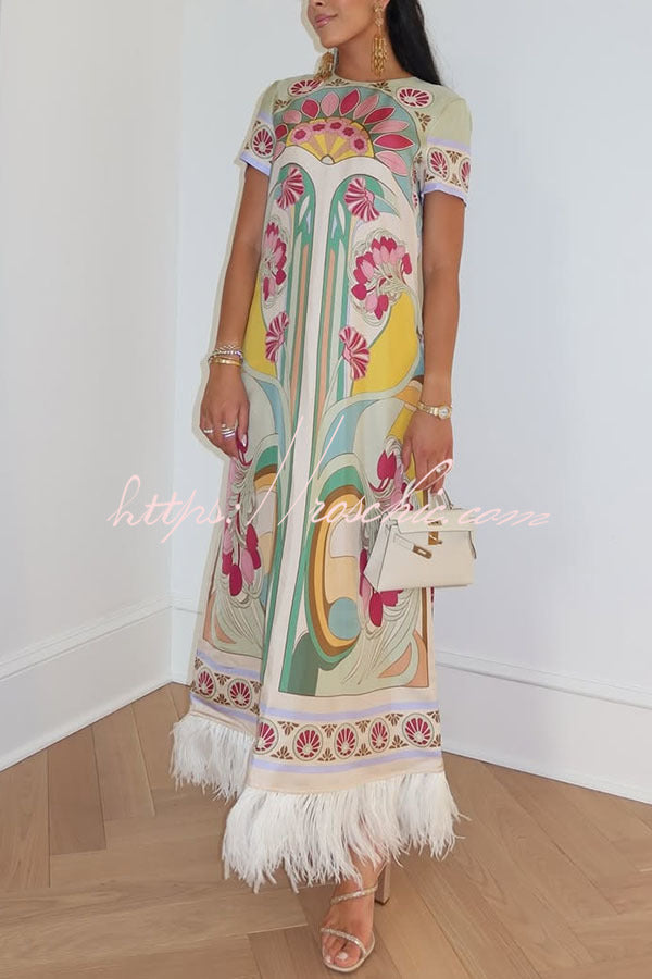 Satin Baroque Print Maxi Dress with Feather Trim