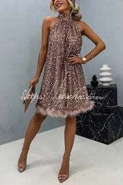 Sequin Feather Trim Halter Babydoll Mini Dress