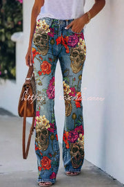 Faux Denim Print High Rise Flare Pants – Women's Casual