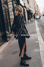 Cotton Blend Long Sleeve Midi Dress – Relaxed Fit