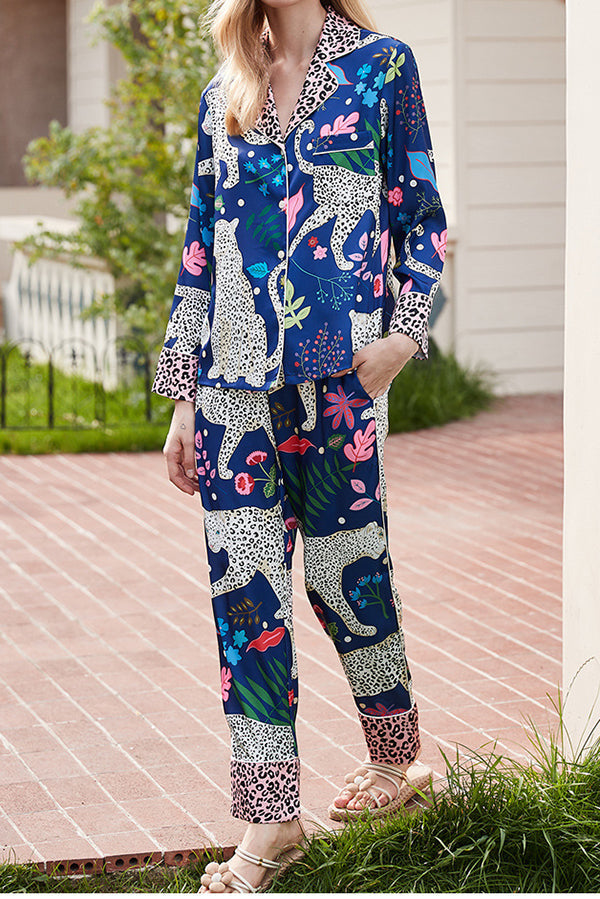 Blue Snow Leopard Print Long Sleeve Two-Piece Lounge Set