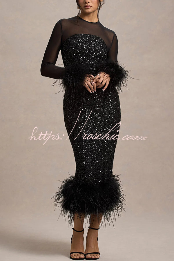 Sequin Feather Trim Midi Dress – Long Sleeve Party Dress