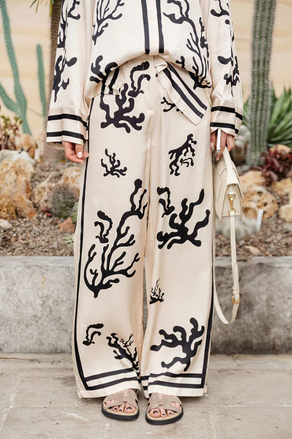 Satin Wide Leg Pants with Unique Print & Elastic Waist
