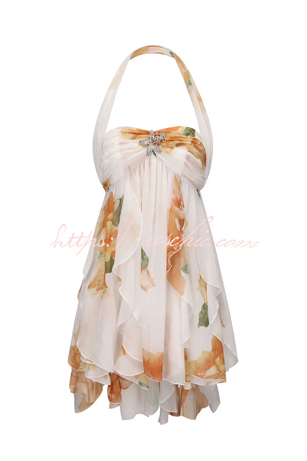 Floral Print Halter Neck Mini Dress with Starfish Brooch