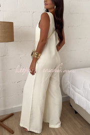 Linen Blend Wide-Leg Jumpsuit with V-Neck & Tie Waist