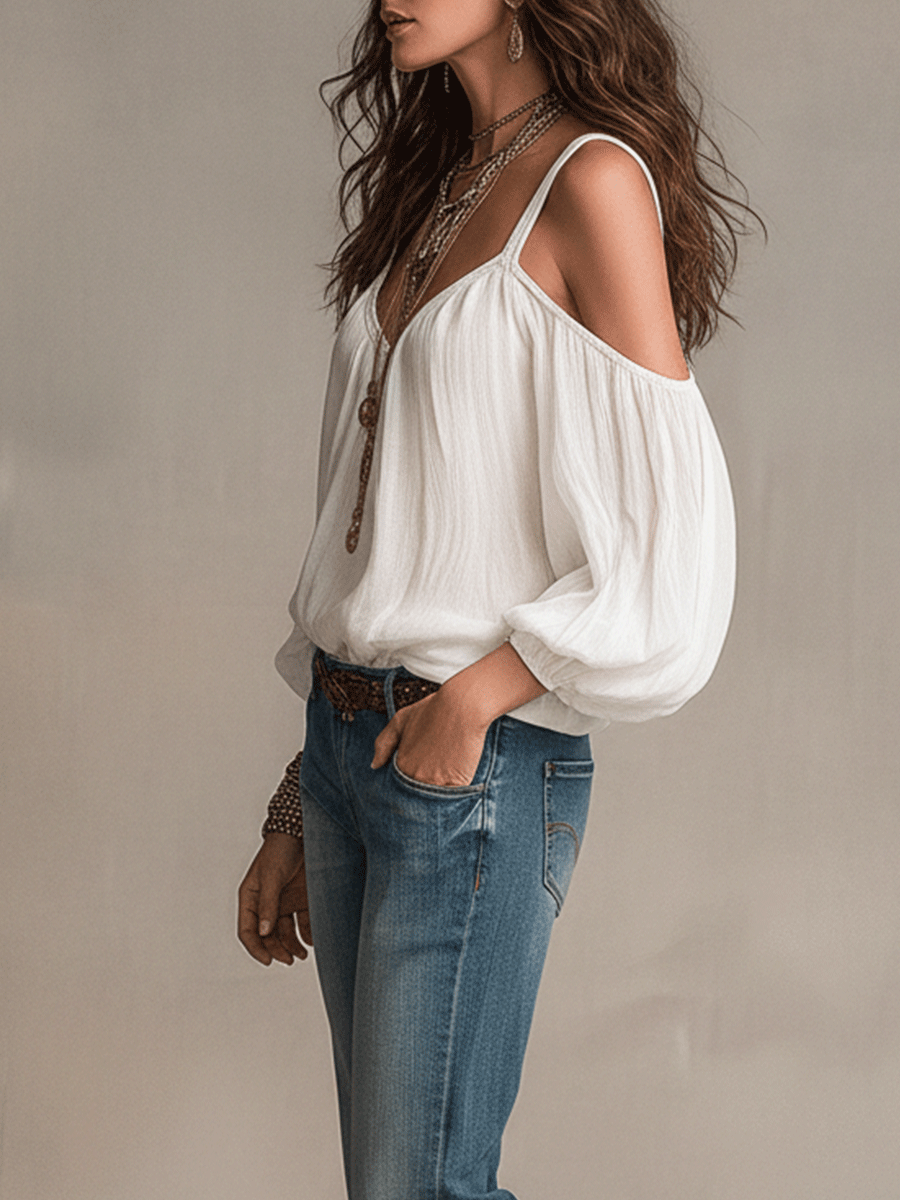 Women's Long Sleeve Boho Blouse with Cold-Shoulder V-Neck