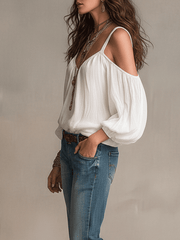 Women's Long Sleeve Boho Blouse with Cold-Shoulder V-Neck