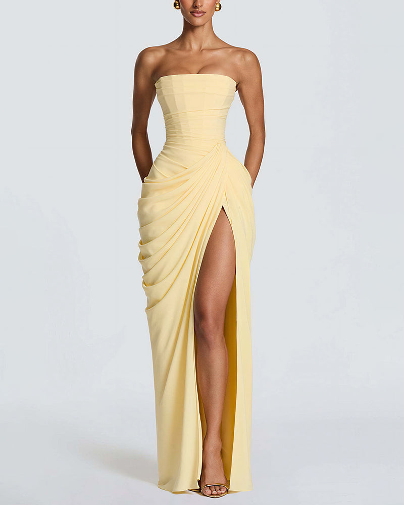 Strapless Ruched High Slit Corset Maxi Dress