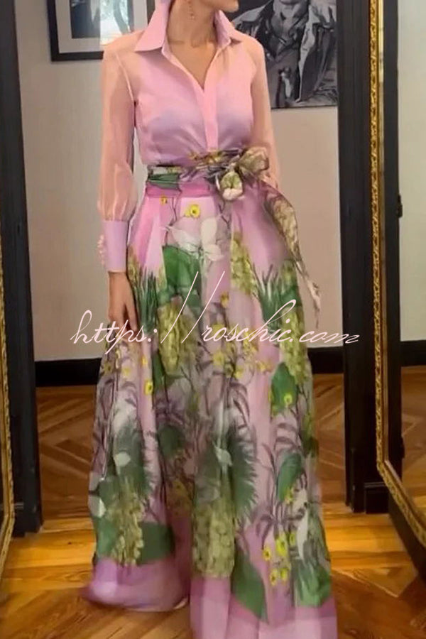 Tulle Floral Print Maxi Skirt with Elastic Waist and Pockets