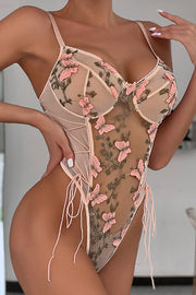 Butterfly Embroidered Sheer Mesh Bodysuit with Tie Waist