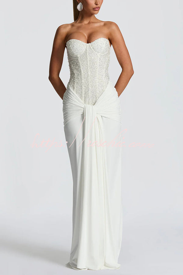 Sequined Satin Jersey Off-Shoulder Ruched Maxi Dress