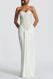 Sequined Satin Jersey Off-Shoulder Ruched Maxi Dress