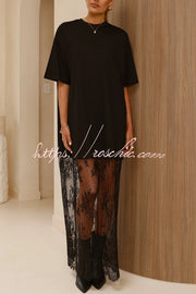 Lace Hem Maxi Dress – Loose Fit Short Sleeve Vacation Dress