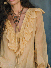 Sheer Ruffle Tie-Neck Long Sleeve Blouse, Relaxed Boho Fit