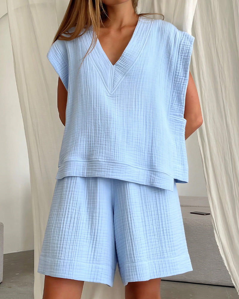 Muslin V-Neck Relaxed Short Set – Lounge Pajama Set