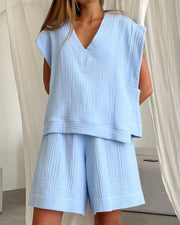 Muslin V-Neck Relaxed Short Set – Lounge Pajama Set
