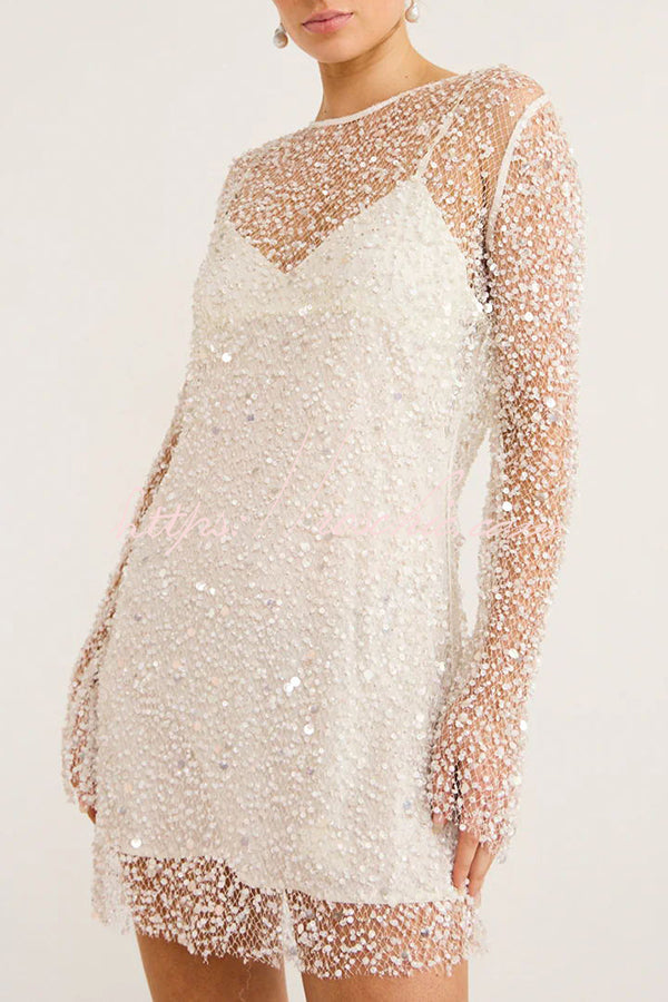 Sequin & Pearl Embellished Long Sleeve Mini Dress