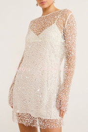 Sequin & Pearl Embellished Long Sleeve Mini Dress