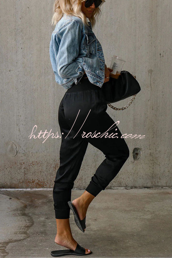 Satin High Waist Joggers with Pockets – Ankle Length