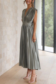 Satin Pleated Midi Dress – V-Neck Short Sleeve Party Dress