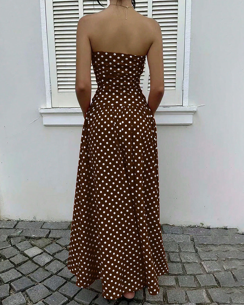 Vintage Polka Dot Strapless Ruffle Maxi Dress