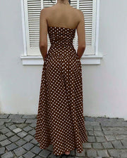 Vintage Polka Dot Strapless Ruffle Maxi Dress