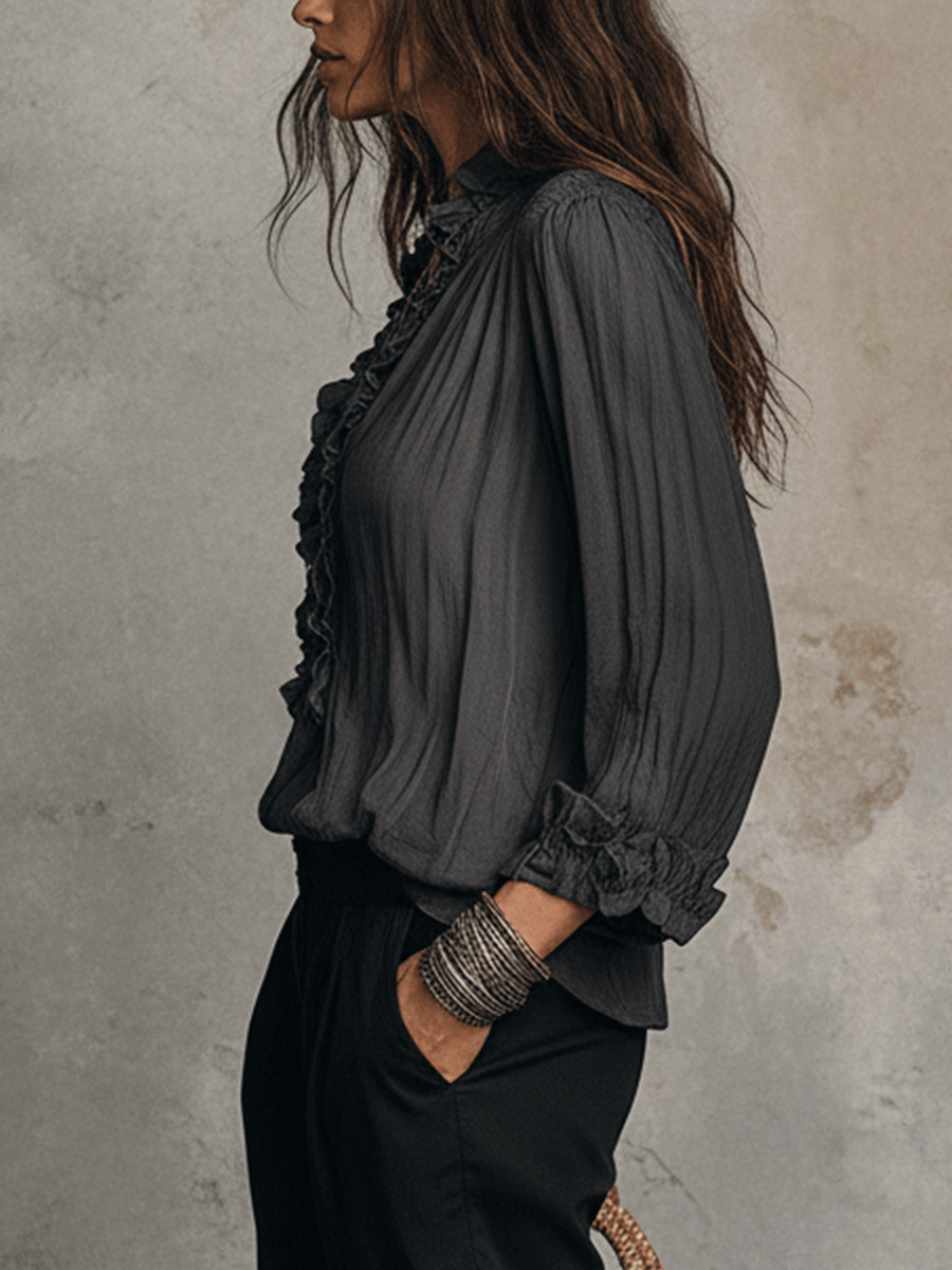 Sheer Ruffle V-Neck Long Sleeve Bohemian Blouse