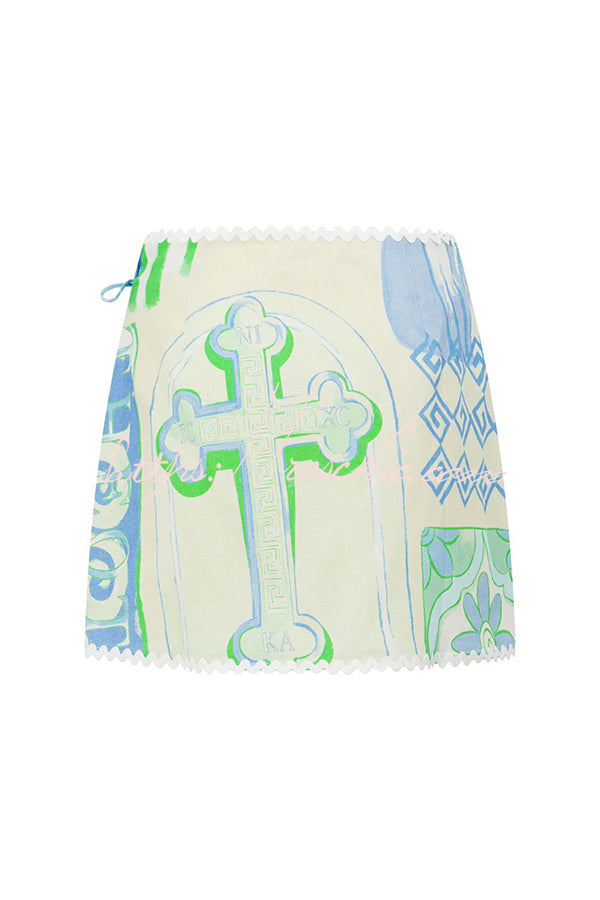 Linen Blend Ric Rac Trim Printed Shirt & Wrap Mini Skirt Set