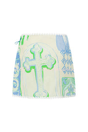 Linen Blend Ric Rac Trim Printed Shirt & Wrap Mini Skirt Set