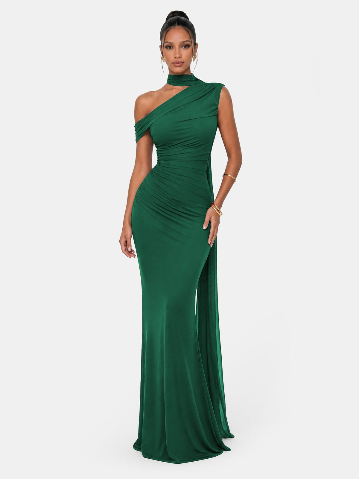 One Shoulder Formal Evening Gown with Built-In Bra, Ruched Mesh