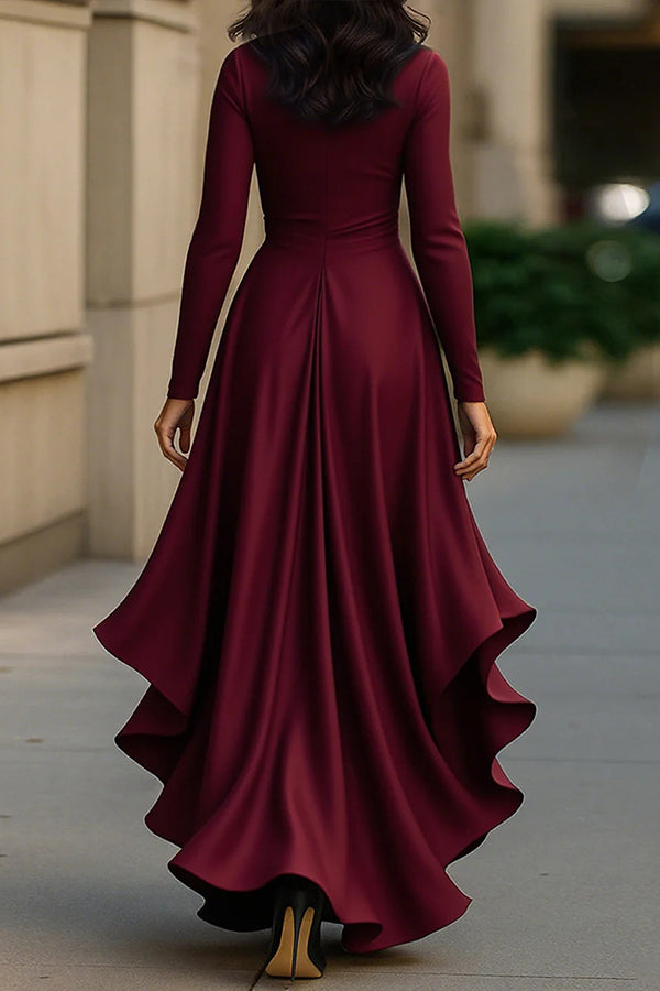 Satin V-Neck Long Sleeve Ruffled Maxi Dress