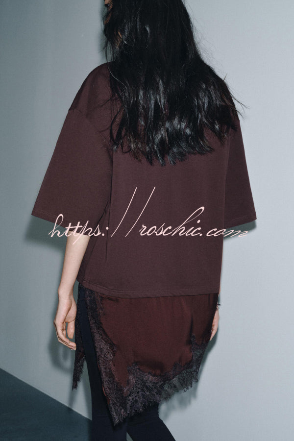 Lace Hem Loose Fit Round Neck Short Sleeve T-Shirt