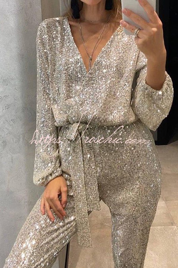 Sequin Long Sleeve Belted Wrap Jumpsuit – Loose Fit
