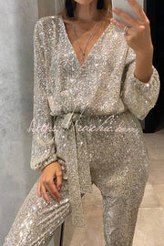 Sequin Long Sleeve Belted Wrap Jumpsuit – Loose Fit