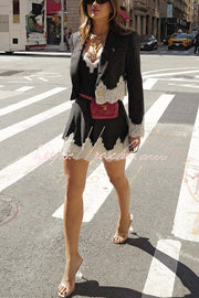Striped Lace Trim Crop Blazer – Loose Lapel Jacket
