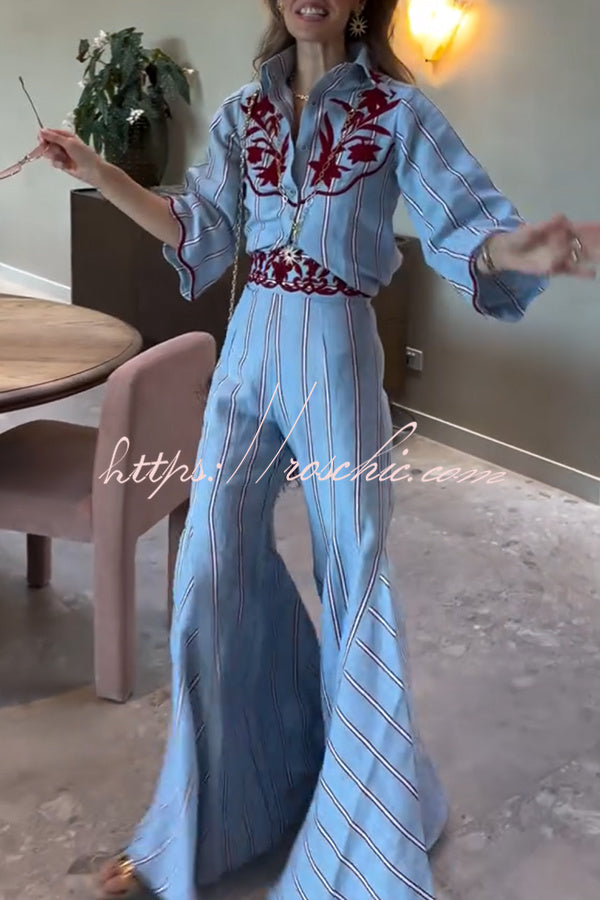 Linen Blend Floral Embroidery Stripe High Rise Flare Pants
