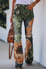 Faux Denim Print High Rise Flare Pants – Women's Casual