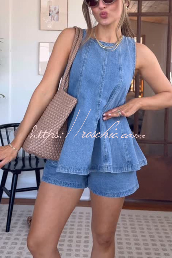 Denim Sleeveless Flare Hem Top & Shorts Set