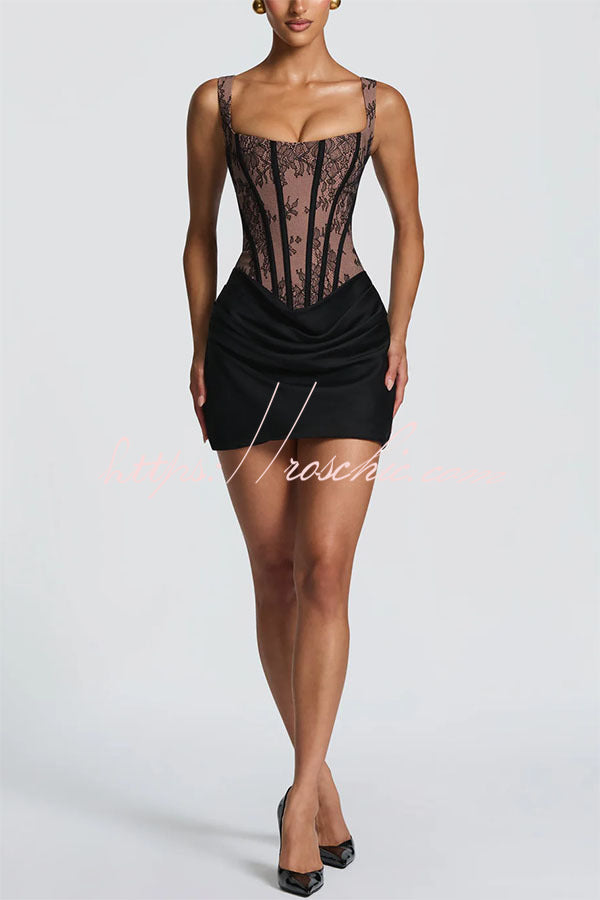Floral Lace Corset Mini Dress with Satin Hem