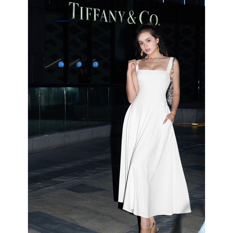 OYS Women's Casual Sleeveless Square Neck A-Line Solid Slim Flowy Long Dress with Pockets & Back Tie Detail Design
