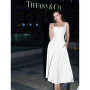 OYS Women's Casual Sleeveless Square Neck A-Line Solid Slim Flowy Long Dress with Pockets & Back Tie Detail Design