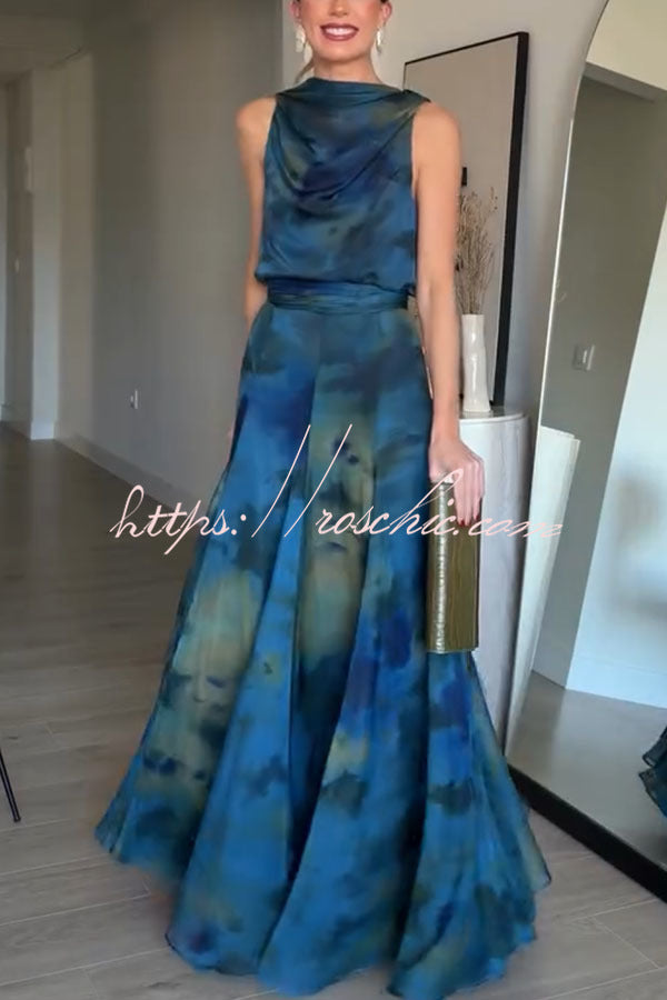 Chiffon Ombré Print Cowl Neck Top & High-Rise Maxi Skirt Set