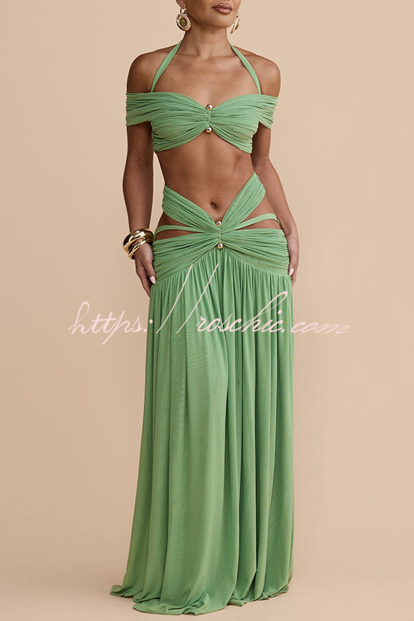 Stretch Mesh Sweetheart Crop Halter Top with Gold Detail