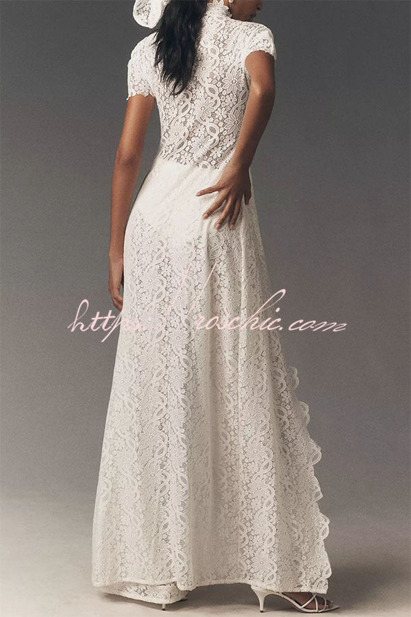 Floral Lace Two-Piece High Neck Top and Wide Leg Pants Set